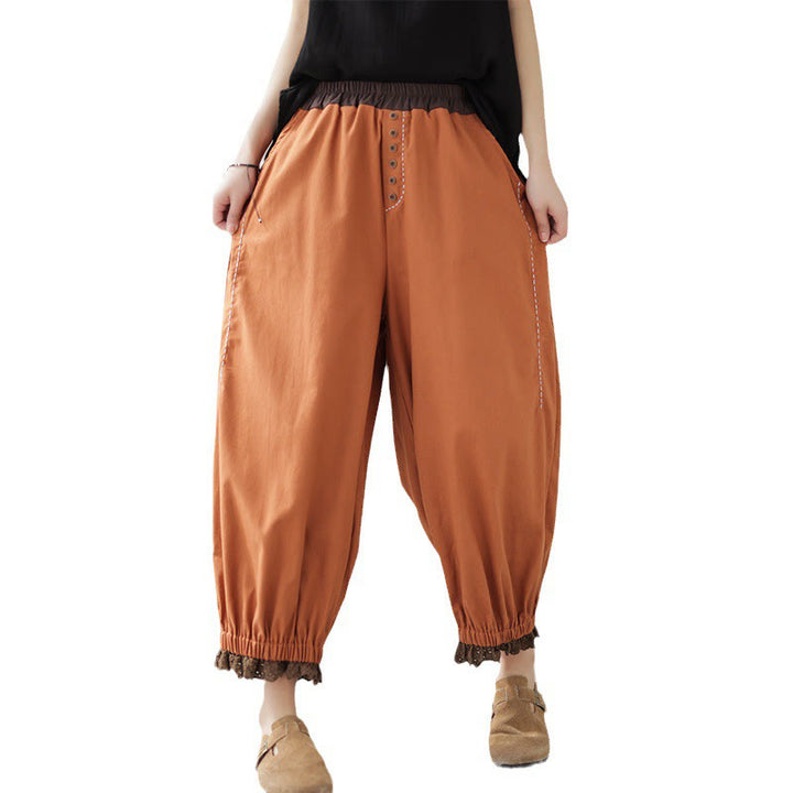 Buddha Stones Casual Spring Solid Color Patchwork Design Women's Cotton Linen Elastic Waistband Harem Pants With Pockets - image 16