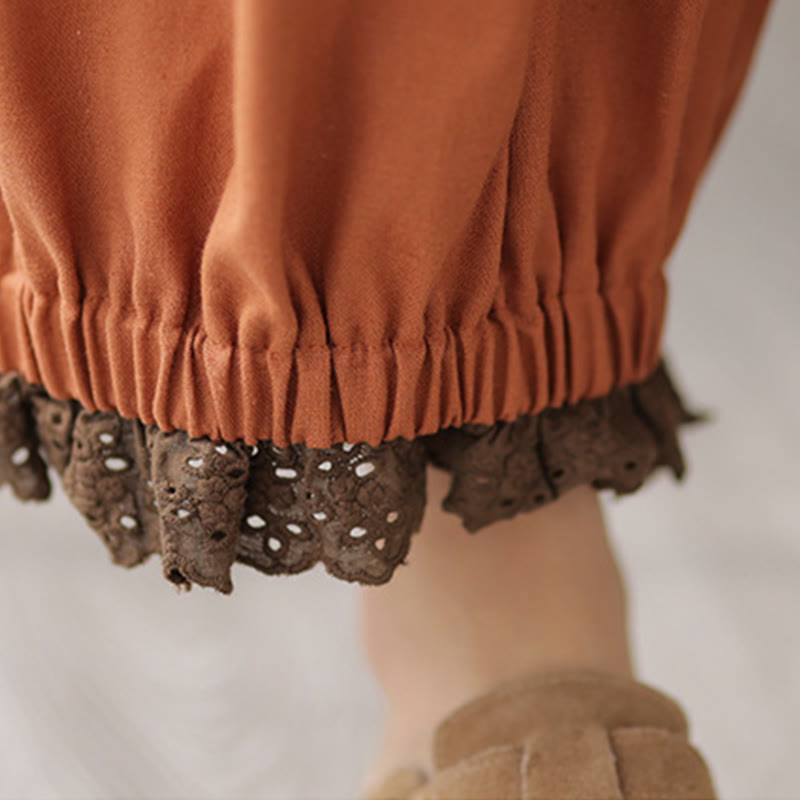 Buddha Stones Casual Spring Solid Color Patchwork Design Women's Cotton Linen Elastic Waistband Harem Pants With Pockets