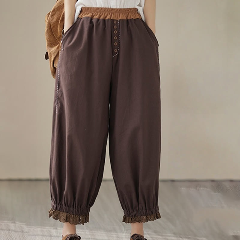 Buddha Stones Casual Spring Solid Color Patchwork Design Women's Cotton Linen Elastic Waistband Harem Pants With Pockets
