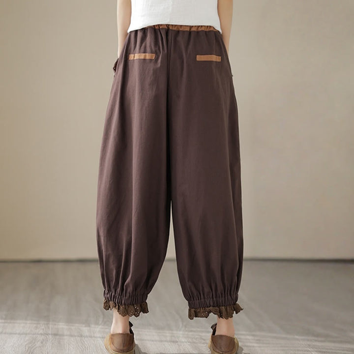 Buddha Stones Casual Spring Solid Color Patchwork Design Women's Cotton Linen Elastic Waistband Harem Pants With Pockets - image 21