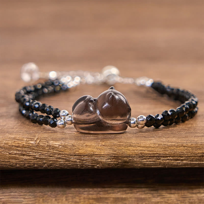 Buddha Stones Ice Obsidian Black Spinel Lying Cat Courage Double Layer Bracelet - image 2