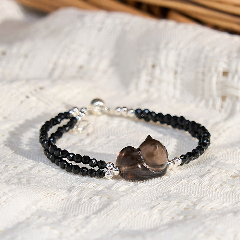 Buddha Stones Ice Obsidian Black Spinel Lying Cat Courage Double Layer Bracelet - Ice Obsidian(Wrist Circumference:16cm) - image 1