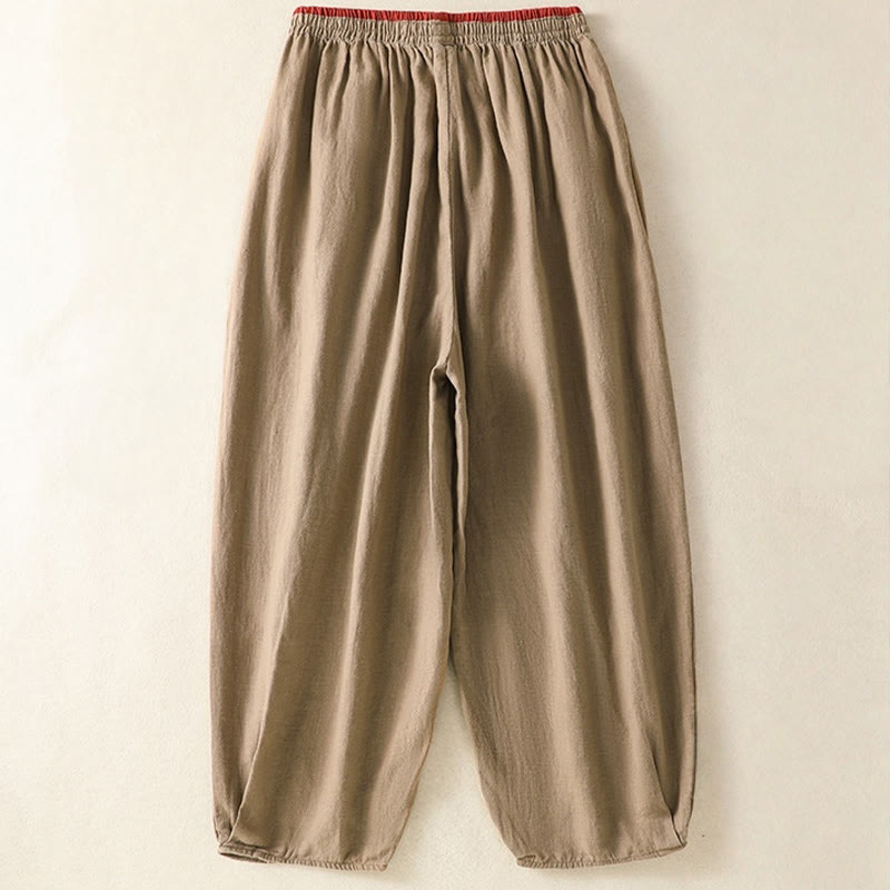 Buddha Stones Casual Embroidery Women's Cotton Linen 7-8 Length Harem Pants With Pockets