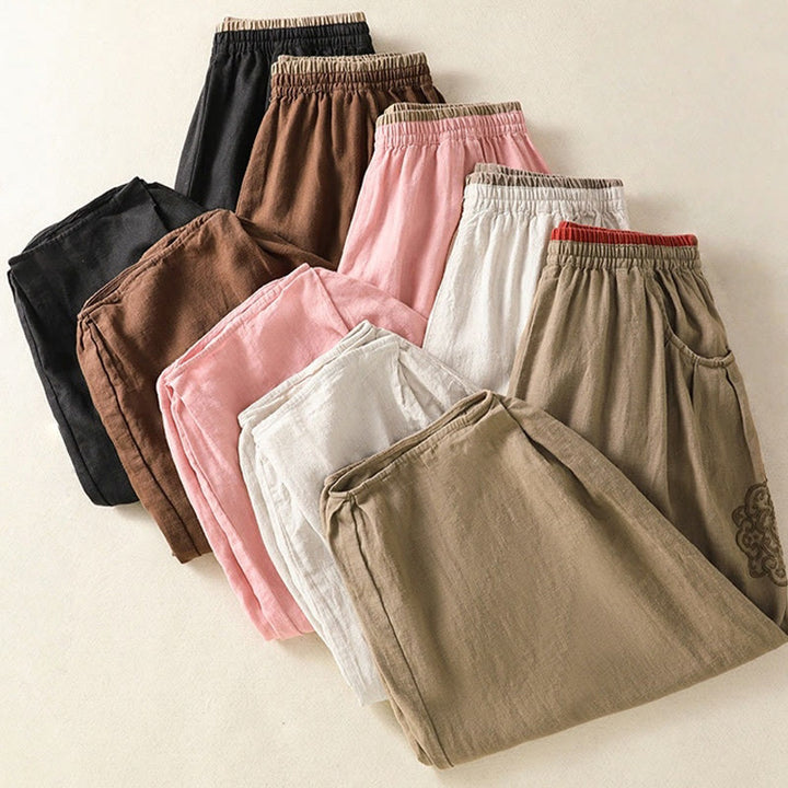 Buddha Stones Casual Embroidery Women's Cotton Linen 7-8 Length Harem Pants With Pockets - image 36