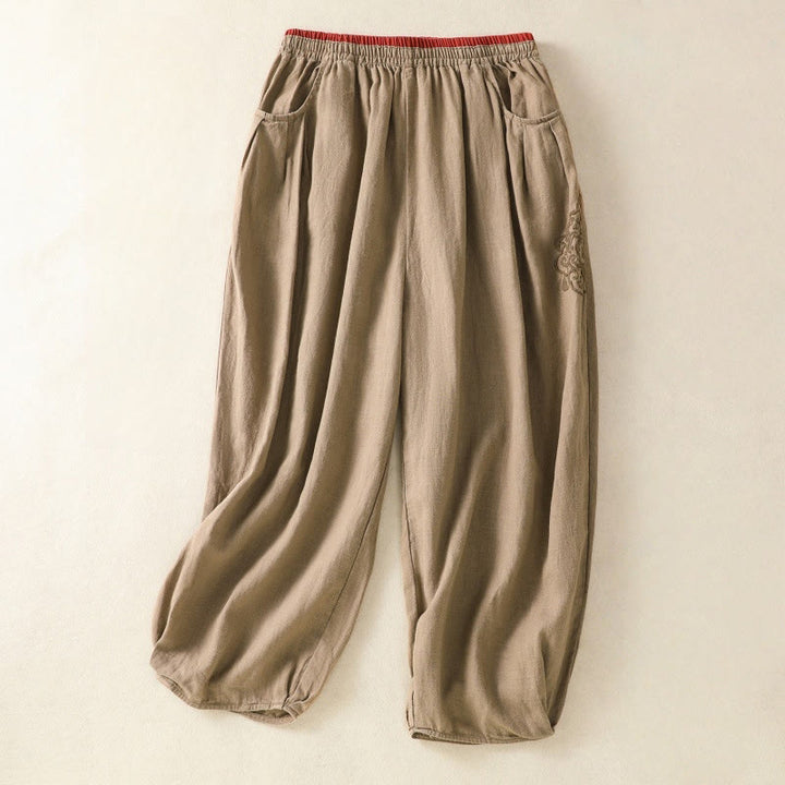 Buddha Stones Casual Embroidery Women's Cotton Linen 7-8 Length Harem Pants With Pockets