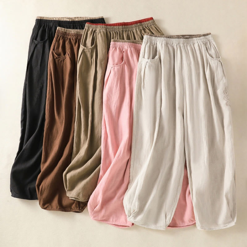 Buddha Stones Casual Embroidery Women's Cotton Linen 7-8 Length Harem Pants With Pockets