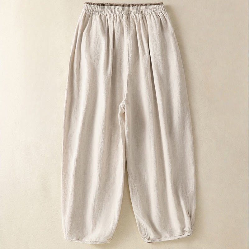 Buddha Stones Casual Embroidery Women's Cotton Linen 7-8 Length Harem Pants With Pockets