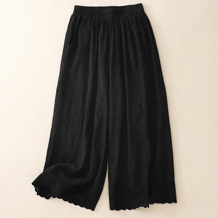 Buddha Stones Summer Vintage Embroidery Lace Hem Patchwork Design Women's Wide Leg Cotton Pants With Pockets - Black - US6，UK/AU10，EU38 (XL) - image 7