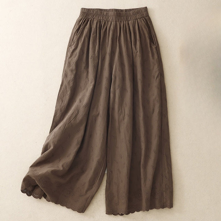 Buddha Stones Summer Vintage Embroidery Lace Hem Patchwork Design Women's Wide Leg Cotton Pants With Pockets - SaddleBrown - US6，UK/AU10，EU38 (XL) - image 0