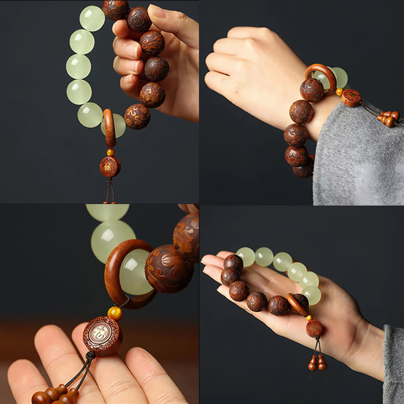 Buddha Stones Sappan Wood Engraving Pixiu Fu Character Cure Bracelet