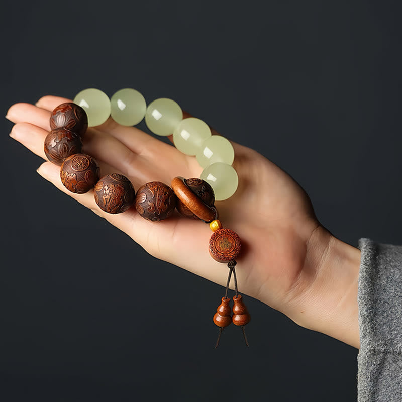 Buddha Stones Sappan Wood Engraving Pixiu Fu Character Cure Bracelet