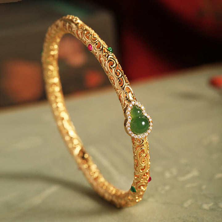 Buddha Stones Cyan Jade Copper Plated Gold Auspicious Clouds Gourd Luck Bracelet Bangle - 56mm - image 1