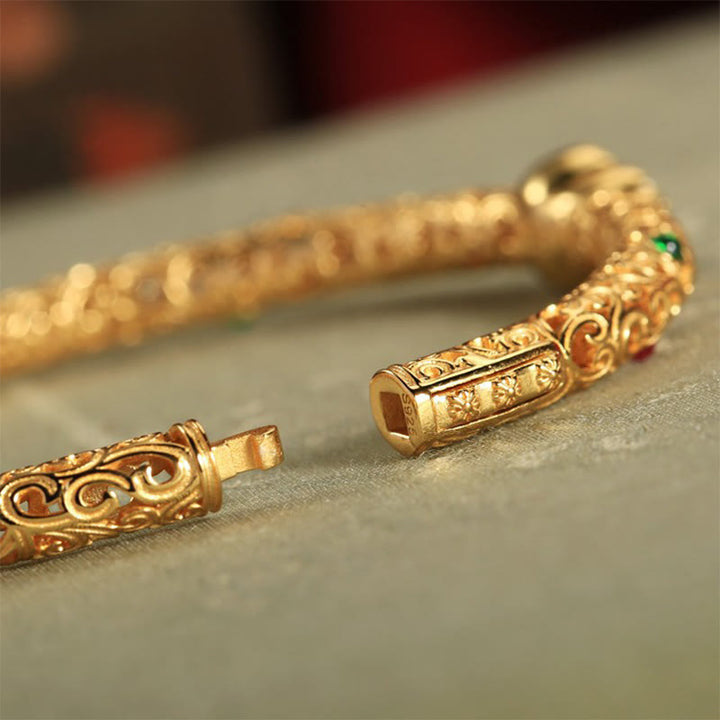 Buddha Stones Cyan Jade Copper Plated Gold Auspicious Clouds Gourd Luck Bracelet Bangle - image 4
