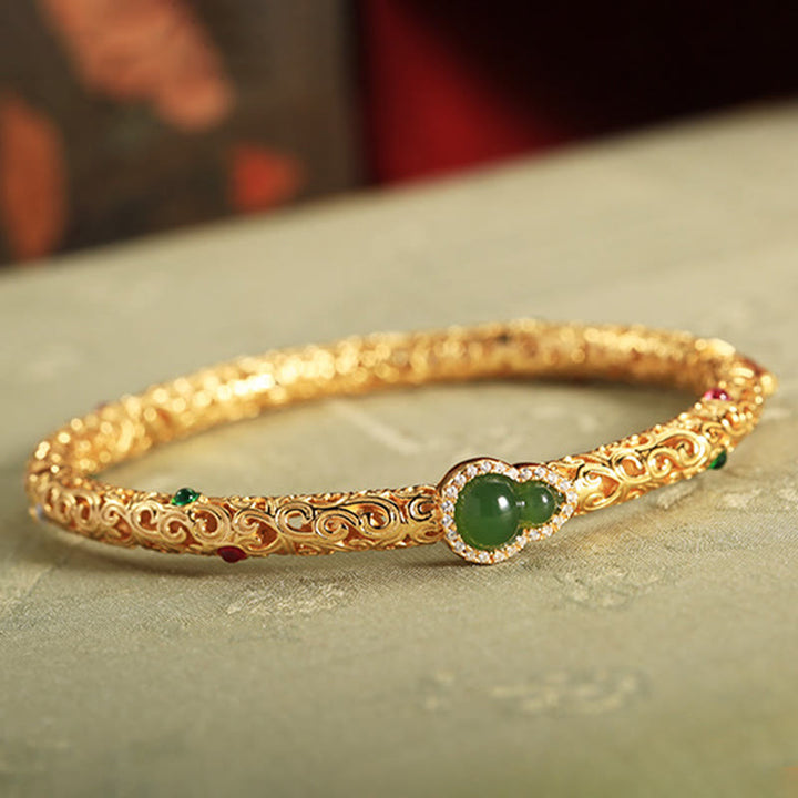Buddha Stones Cyan Jade Copper Plated Gold Auspicious Clouds Gourd Luck Bracelet Bangle - image 11