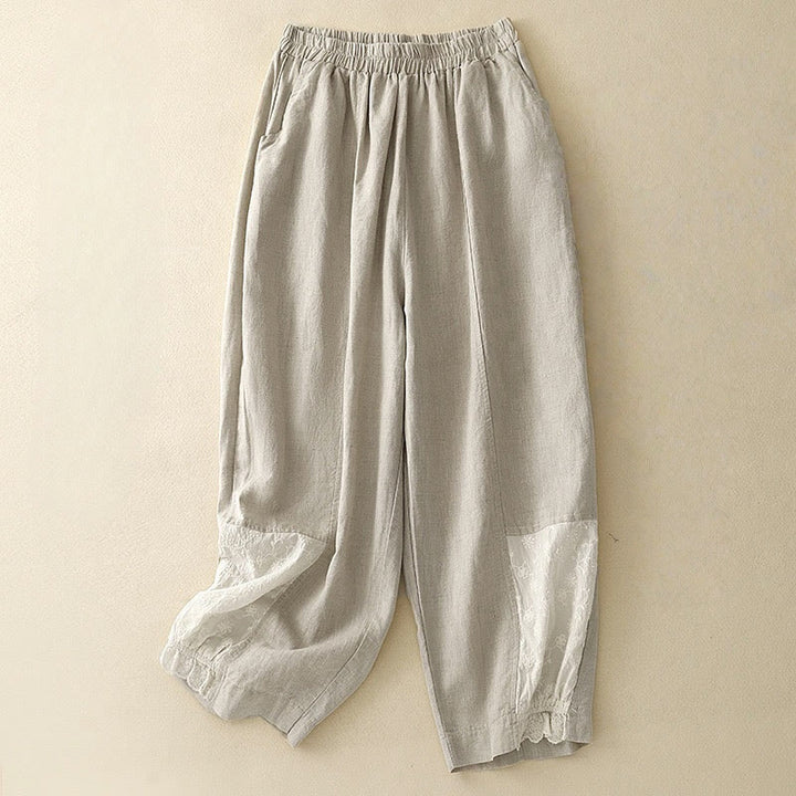 Buddha Stones Summer Embroidery Pure Color Patchwork Design Women's Cotton Linen Pants With Pockets