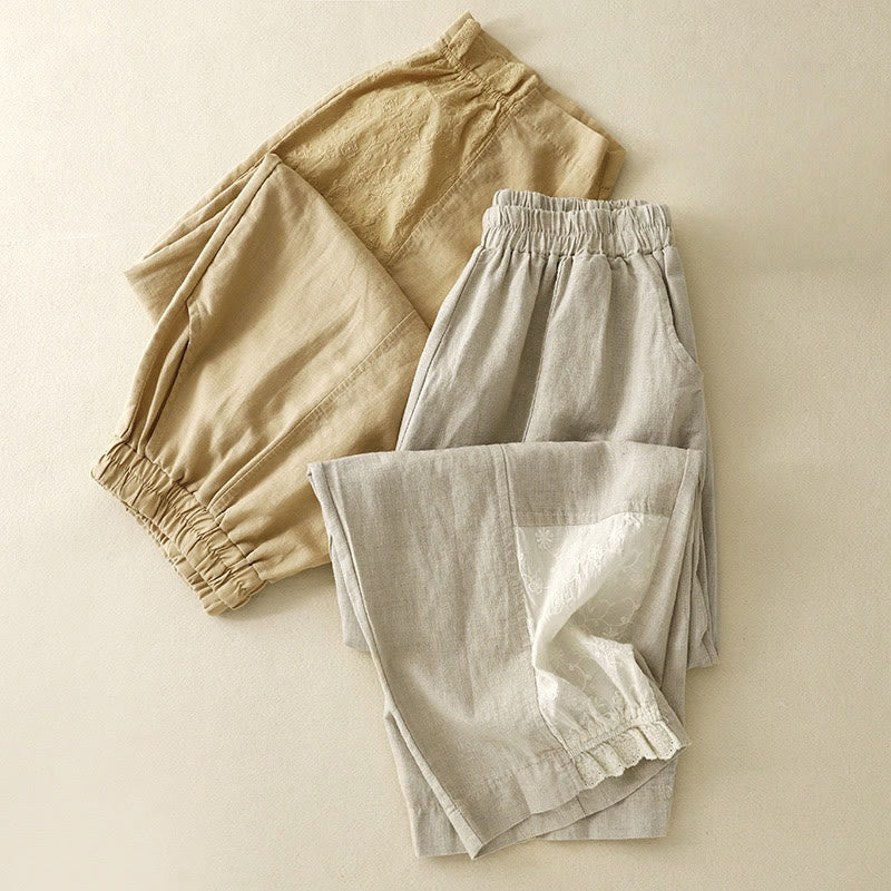 Buddha Stones Summer Embroidery Pure Color Patchwork Design Women's Cotton Linen Pants With Pockets