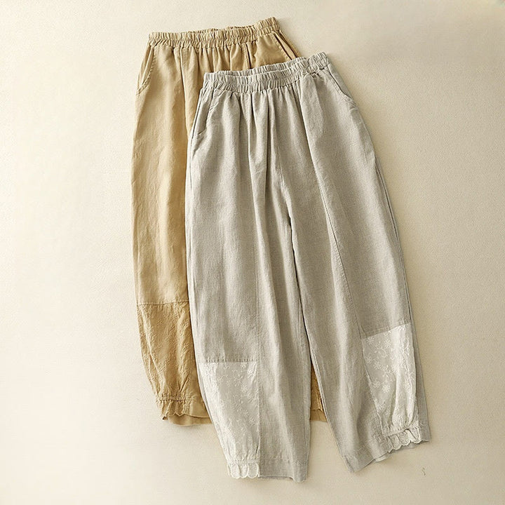 Buddha Stones Summer Embroidery Pure Color Patchwork Design Women's Cotton Linen Pants With Pockets