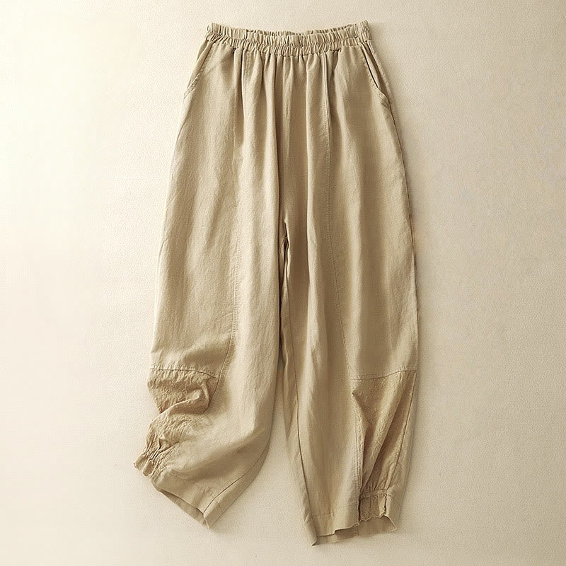 Buddha Stones Summer Embroidery Pure Color Patchwork Design Women's Cotton Linen Pants With Pockets
