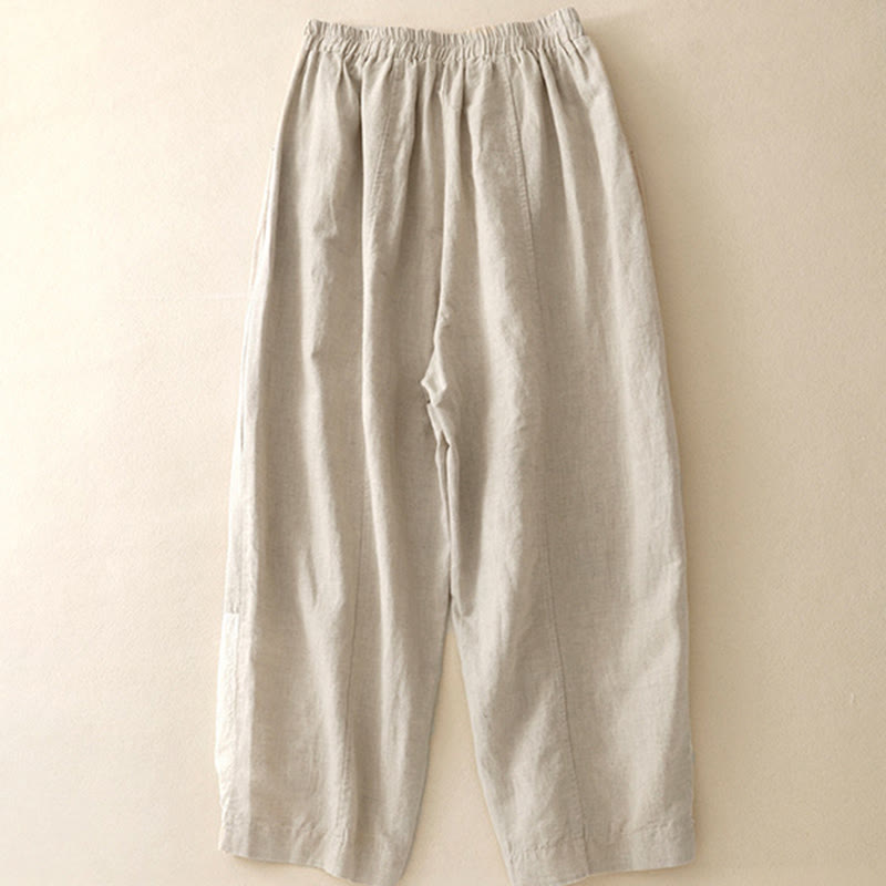 Buddha Stones Summer Embroidery Pure Color Patchwork Design Women's Cotton Linen Pants With Pockets