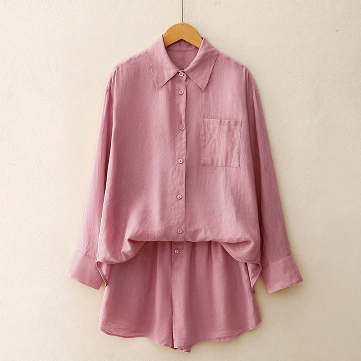 Buddha Stones Summer 2pcs Plain Long Sleeve Shirt Top Cardigan Shorts Meditation Clothing Women's Set With Pockets