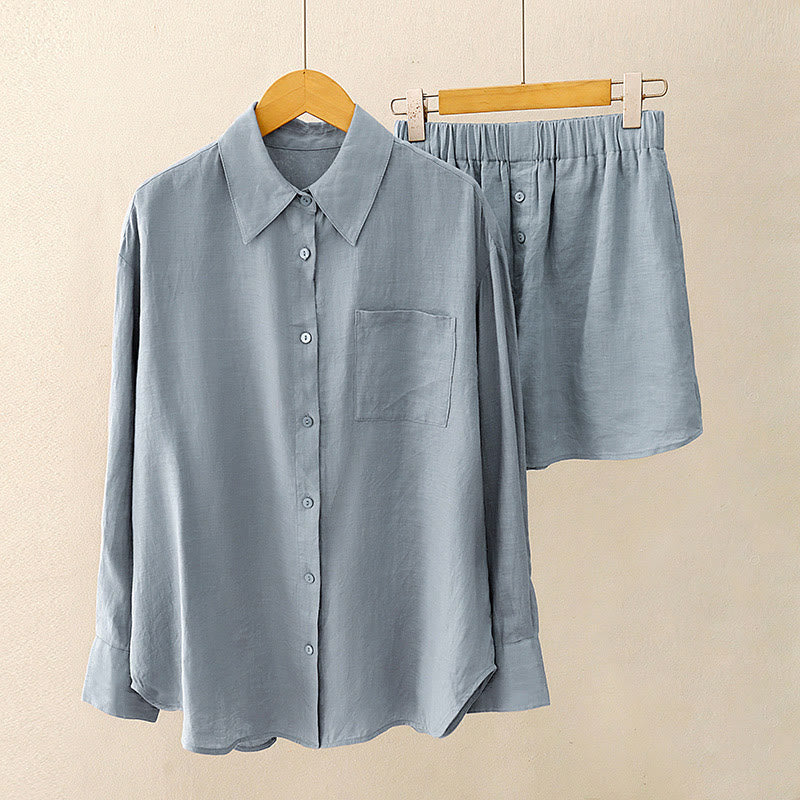 Buddha Stones Summer 2pcs Plain Long Sleeve Shirt Top Cardigan Shorts Meditation Clothing Women's Set With Pockets