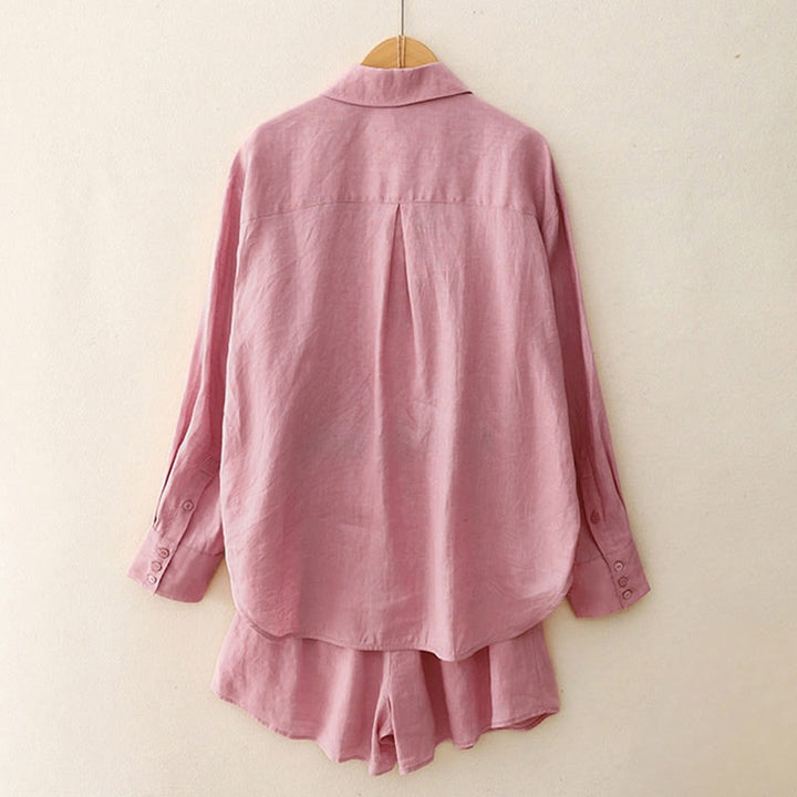 Buddha Stones Summer 2pcs Plain Long Sleeve Shirt Top Cardigan Shorts Meditation Clothing Women's Set With Pockets