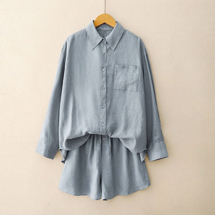 Buddha Stones Summer 2pcs Plain Long Sleeve Shirt Top Cardigan Shorts Meditation Clothing Women's Set With Pockets