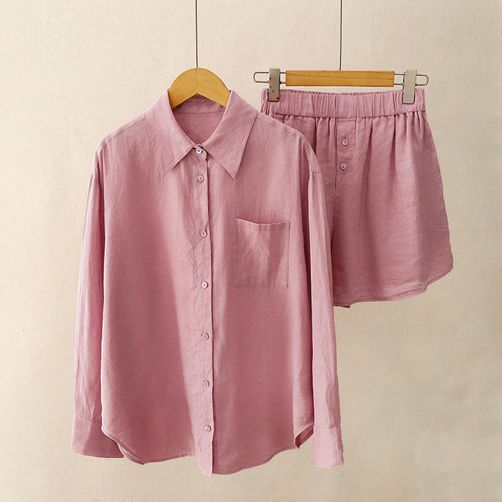 Buddha Stones Summer 2pcs Plain Long Sleeve Shirt Top Cardigan Shorts Meditation Clothing Women's Set With Pockets