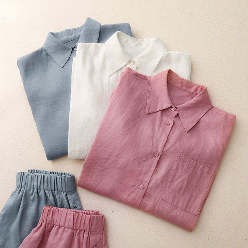 Buddha Stones Summer 2pcs Plain Long Sleeve Shirt Top Cardigan Shorts Meditation Clothing Women's Set With Pockets