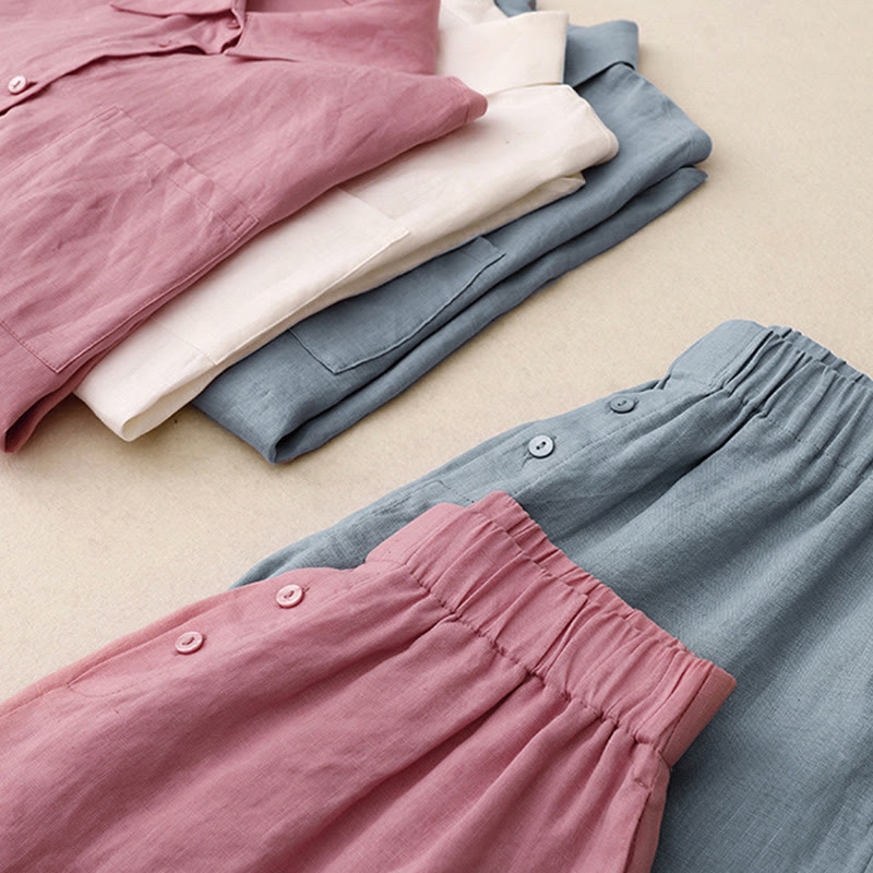 Buddha Stones Summer 2pcs Plain Long Sleeve Shirt Top Cardigan Shorts Meditation Clothing Women's Set With Pockets