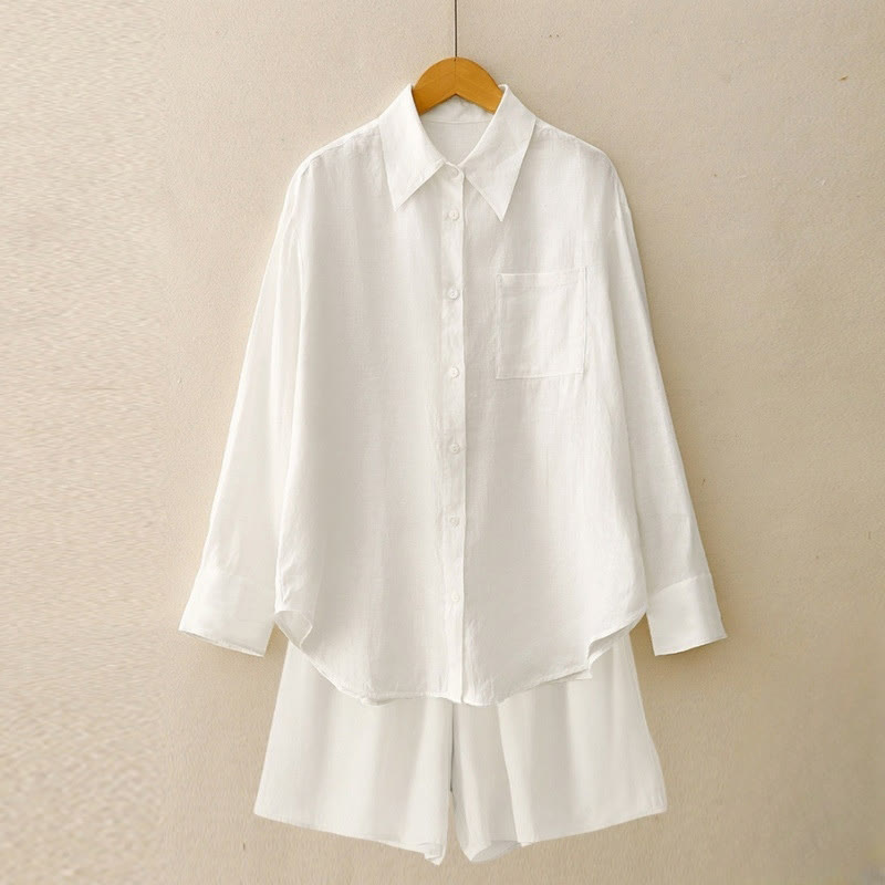 Buddha Stones Summer 2pcs Plain Long Sleeve Shirt Top Cardigan Shorts Meditation Clothing Women's Set With Pockets