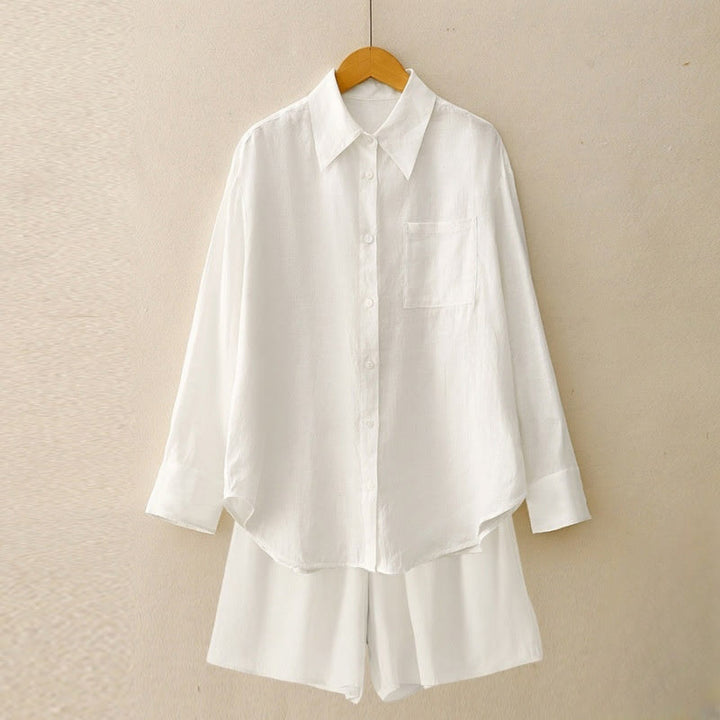 Buddha Stones Summer 2pcs Plain Long Sleeve Shirt Top Cardigan Shorts Meditation Clothing Women's Set With Pockets
