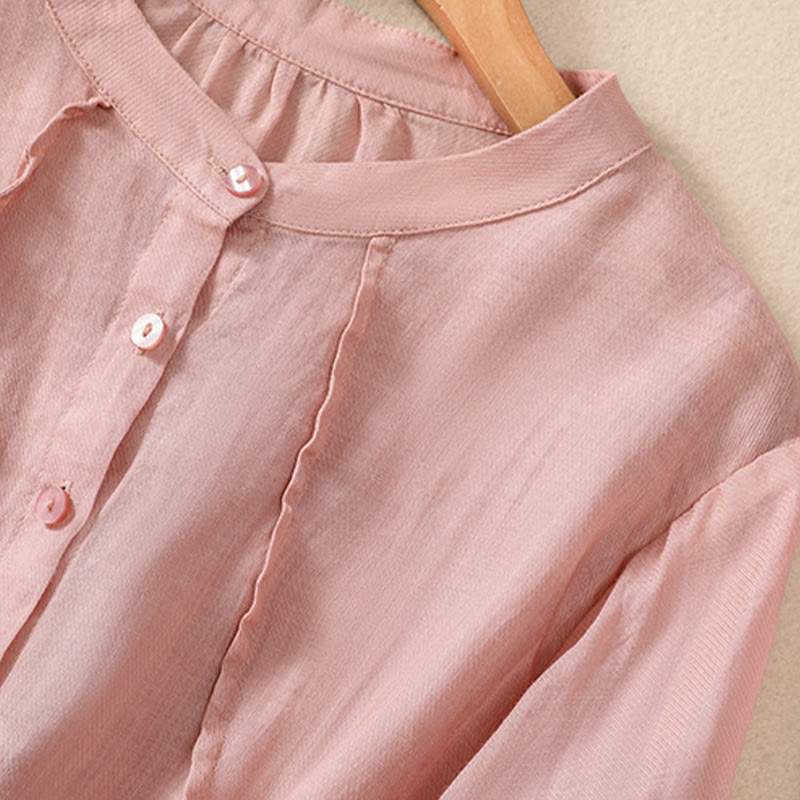 Buddha Stones Casual Daily Plain Button Ruffled Design Stand Collar Women's Cotton Linen Three Quarter Sleeve Shirt Cardigan - image 25