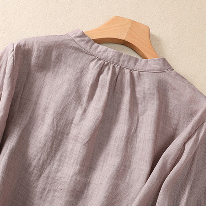 Buddha Stones Casual Daily Plain Button Ruffled Design Stand Collar Women's Cotton Linen Three Quarter Sleeve Shirt Cardigan - image 3