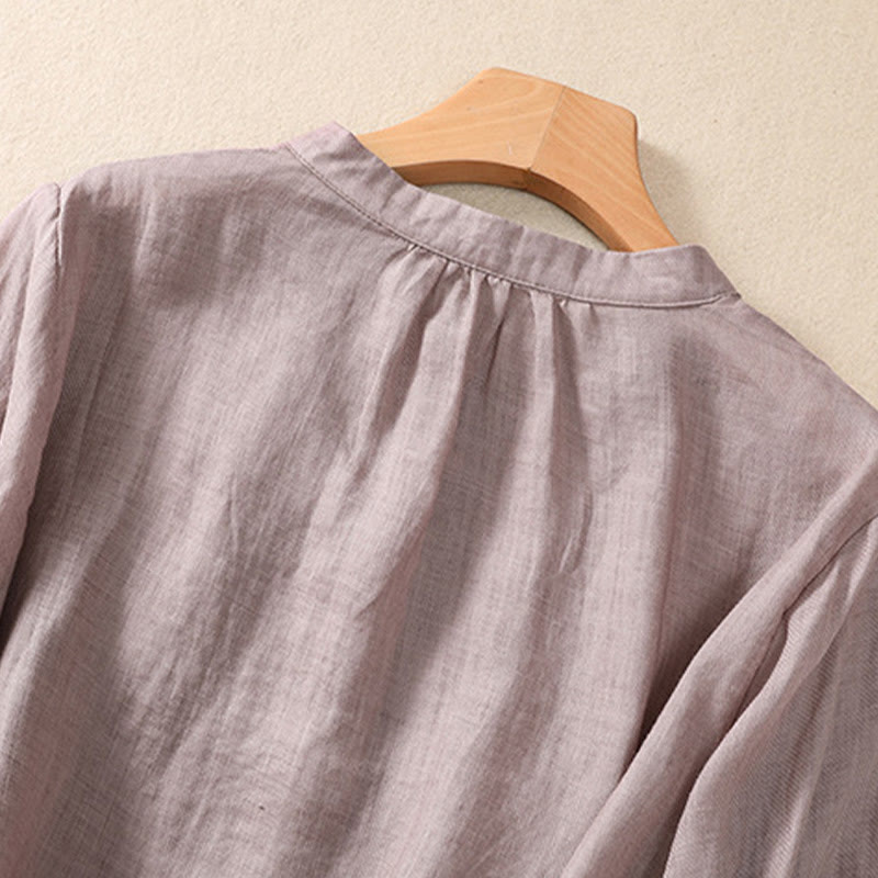 Buddha Stones Casual Daily Plain Button Ruffled Design Stand Collar Women's Cotton Linen Three Quarter Sleeve Shirt - image 3