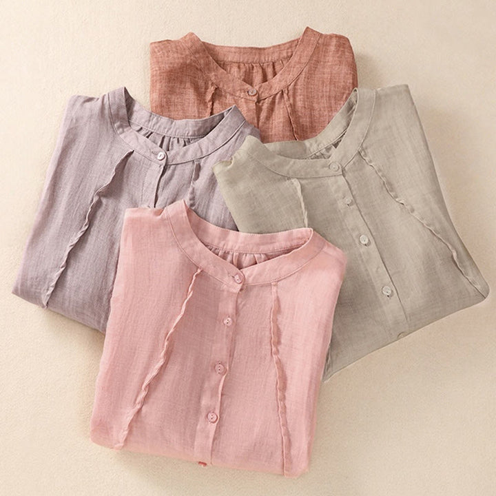 Buddha Stones Casual Daily Plain Button Ruffled Design Stand Collar Women's Cotton Linen Three Quarter Sleeve Shirt - image 31