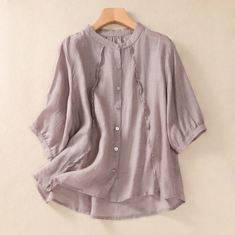 Buddha Stones Casual Daily Plain Button Ruffled Design Stand Collar Women's Cotton Linen Three Quarter Sleeve Shirt Cardigan - Thistle - US8-10，UK/AU12-14，EU40-42 (2XL) - image 0