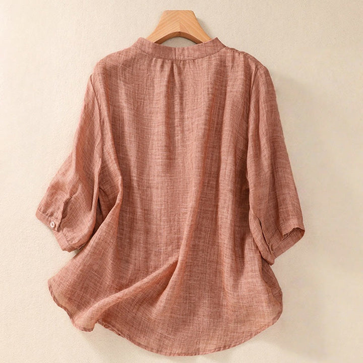 Buddha Stones Casual Daily Plain Button Ruffled Design Stand Collar Women's Cotton Linen Three Quarter Sleeve Shirt Cardigan - image 16