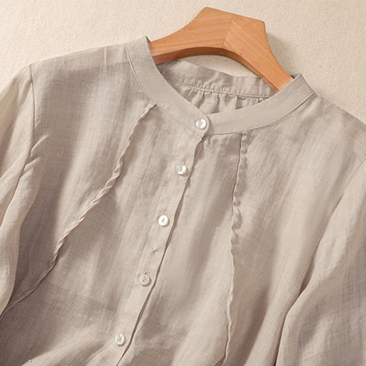 Buddha Stones Casual Daily Plain Button Ruffled Design Stand Collar Women's Cotton Linen Three Quarter Sleeve Shirt Cardigan - image 9