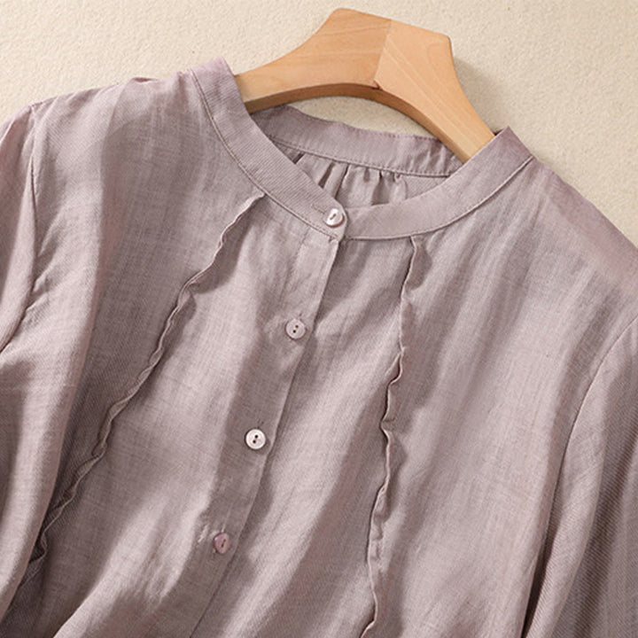 Buddha Stones Casual Daily Plain Button Ruffled Design Stand Collar Women's Cotton Linen Three Quarter Sleeve Shirt Cardigan - image 2