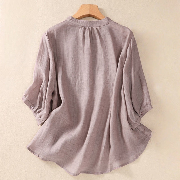 Buddha Stones Casual Daily Plain Button Ruffled Design Stand Collar Women's Cotton Linen Three Quarter Sleeve Shirt - image 1
