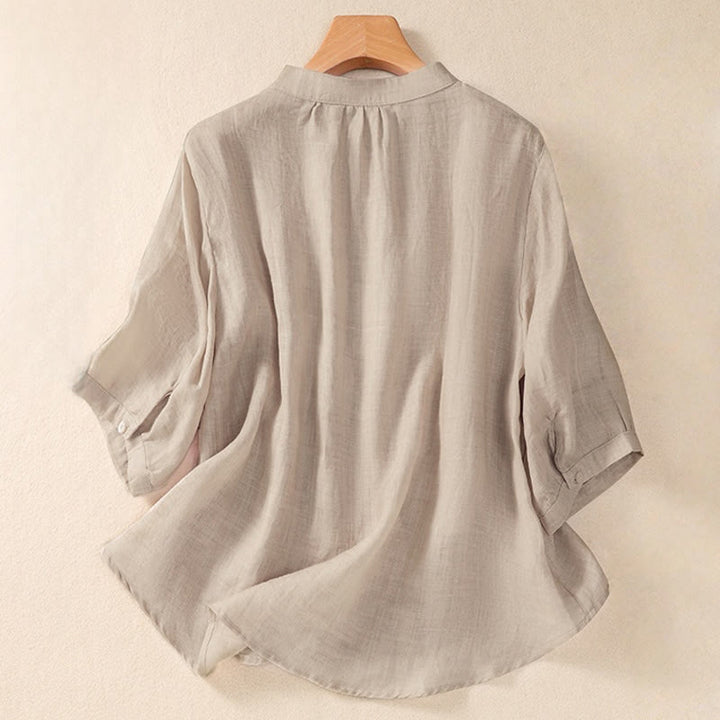 Buddha Stones Casual Daily Plain Button Ruffled Design Stand Collar Women's Cotton Linen Three Quarter Sleeve Shirt Cardigan - image 8