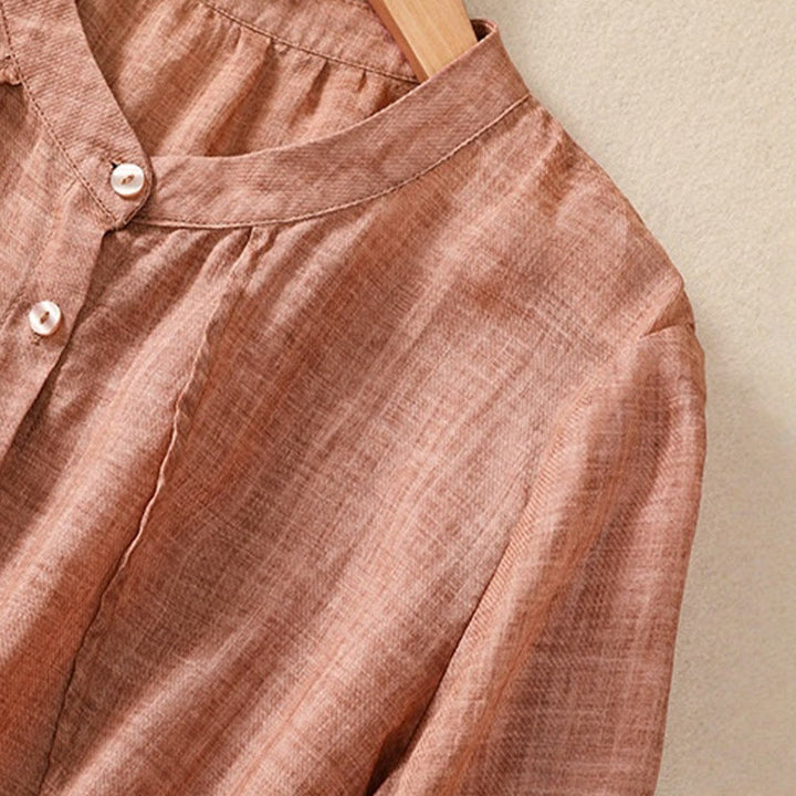 Buddha Stones Casual Daily Plain Button Ruffled Design Stand Collar Women's Cotton Linen Three Quarter Sleeve Shirt Cardigan - image 19