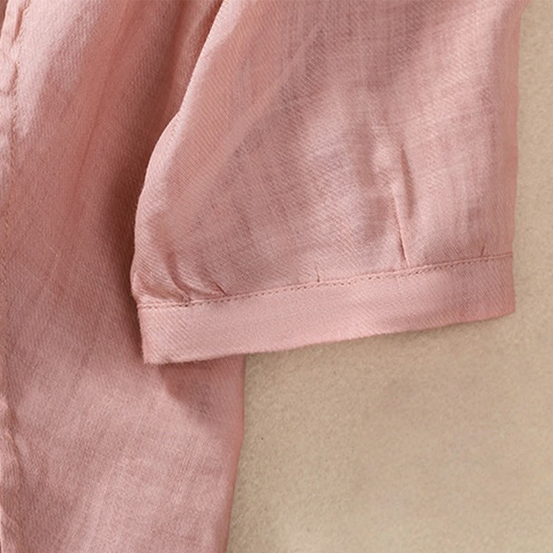 Buddha Stones Casual Daily Plain Button Ruffled Design Stand Collar Women's Cotton Linen Three Quarter Sleeve Shirt Cardigan - image 28