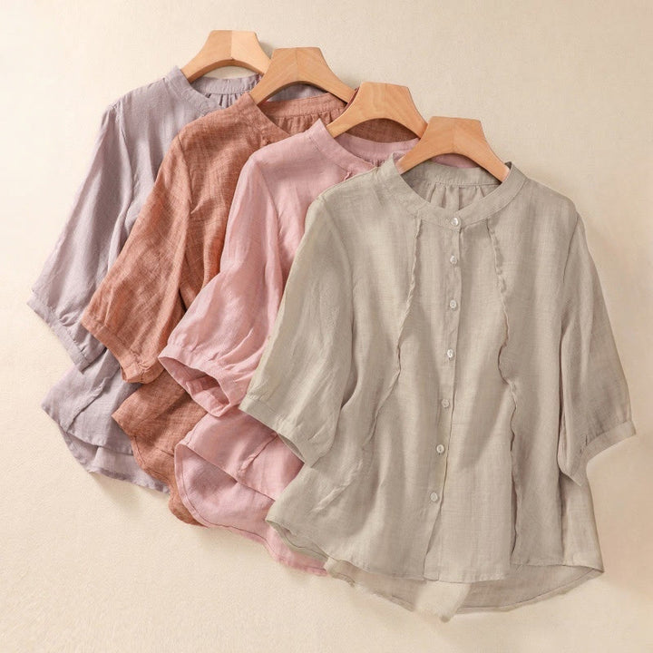 Buddha Stones Casual Daily Plain Button Ruffled Design Stand Collar Women's Cotton Linen Three Quarter Sleeve Shirt Cardigan - image 32