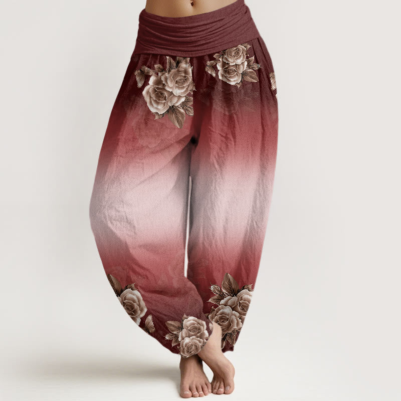 Buddha Stones Casual Roses Leaves Pattern Women's Elastic Waist Harem Pants - FireBrick - US22，UK/AU26，EU54 (6XL) - image 8