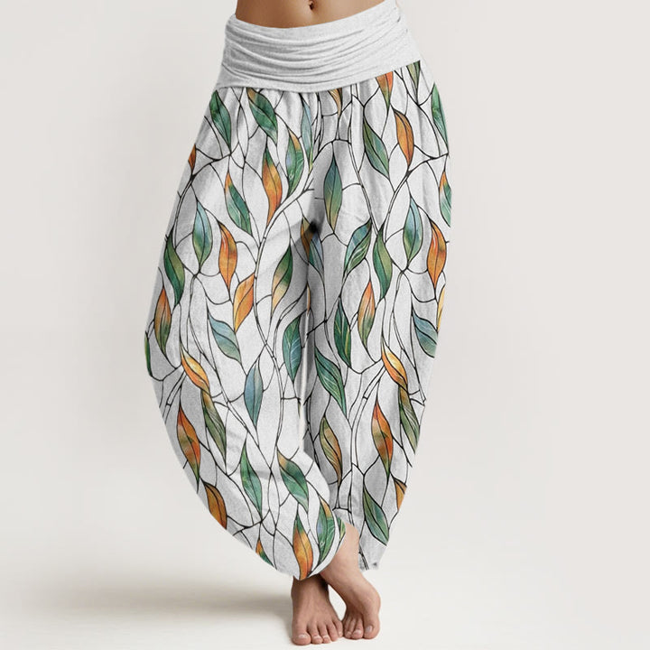 Buddha Stones Casual Delicate Colorful Leaf Pattern Women's Elastic Waist Harem Pants - Snow - US22，UK/AU26，EU54 (6XL) - image 1