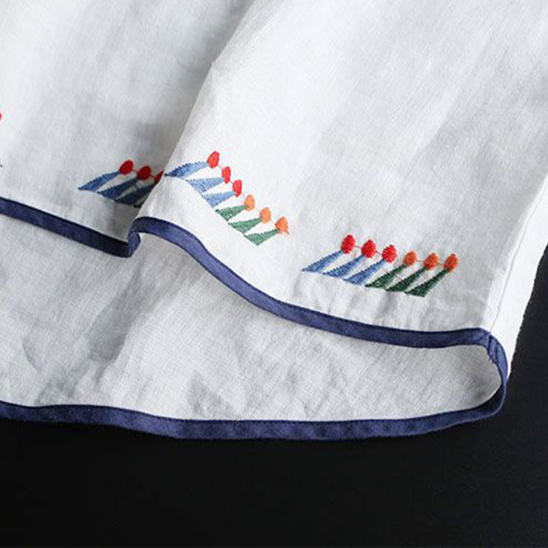 Buddha Stones Retro Artistic Embroidery Floral Pattern Crew Neck Women's Cotton Linen Short Sleeve T-Shirt - image 7