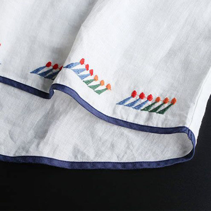 Buddha Stones Retro Artistic Embroidery Floral Pattern Crew Neck Women's Cotton Linen Short Sleeve T-Shirt - image 7