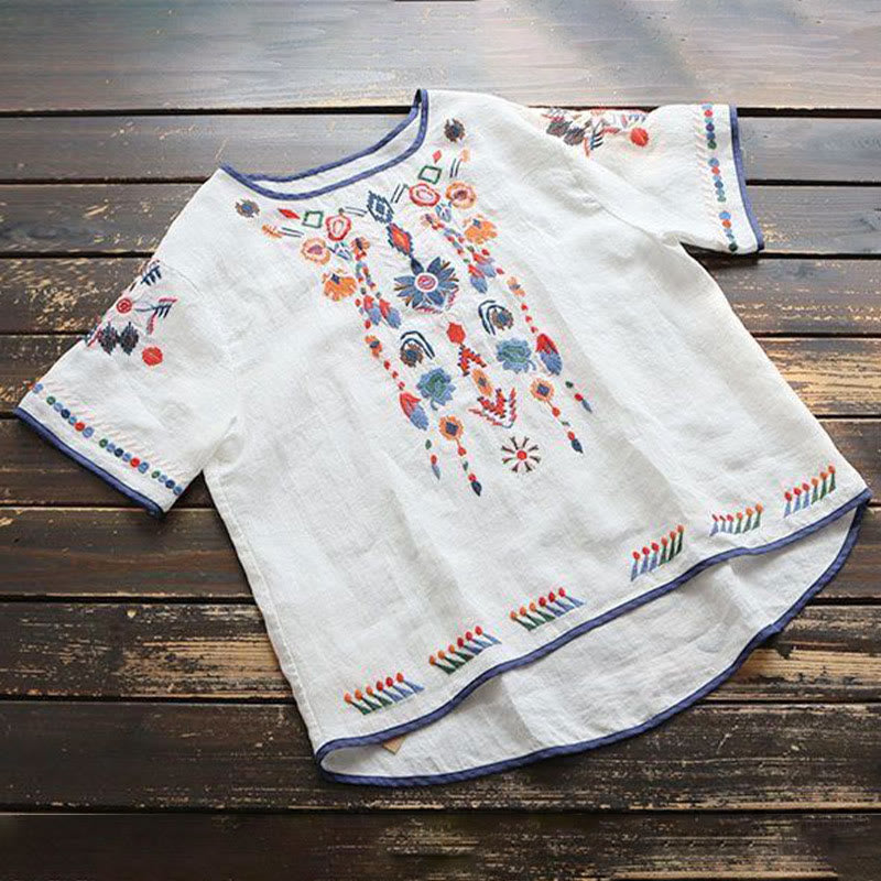 Buddha Stones Retro Artistic Embroidery Floral Pattern Crew Neck Women's Cotton Linen Short Sleeve T-Shirt - image 2